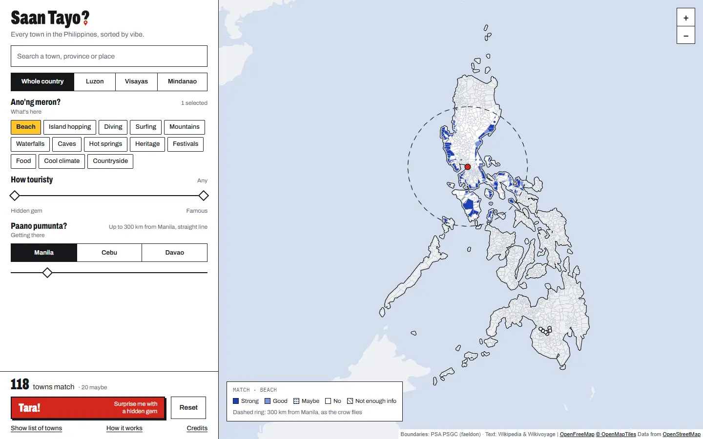 After: white and ink, cobalt data, only the Philippines drawn, and a dashed ring for the distance filter