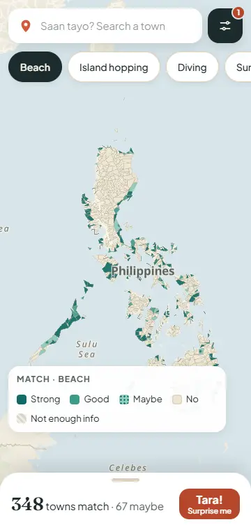 Before: the phone map home with Beach selected, in the cream and teal look