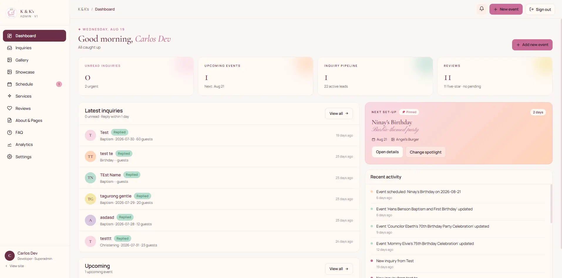 Admin dashboard summarising unread inquiries, upcoming events, active leads, and pending reviews