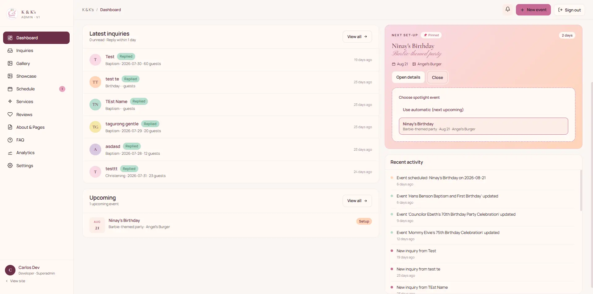 Dashboard spotlight picker and recent activity log of content changes
