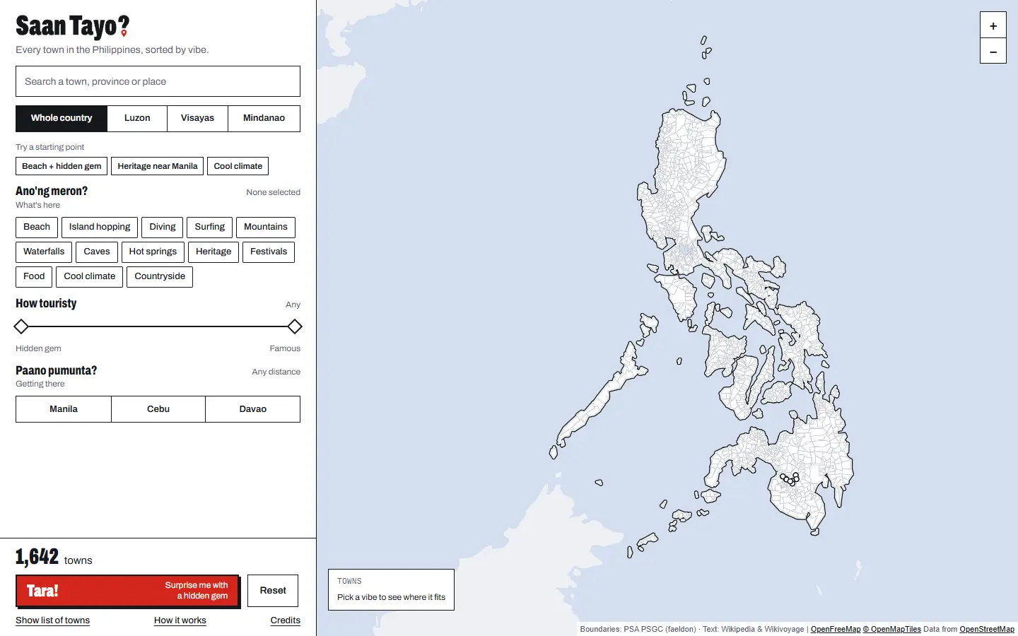 The map with no filter: the filter panel on the left and all 1,642 towns outlined