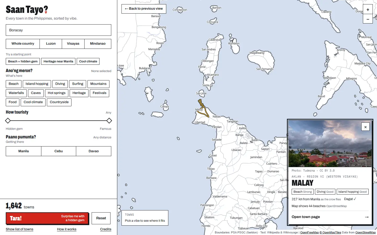 Searching “Boracay” lands on Malay, Aklan, with its town card open. Photo: Tuderna, CC BY 3.0