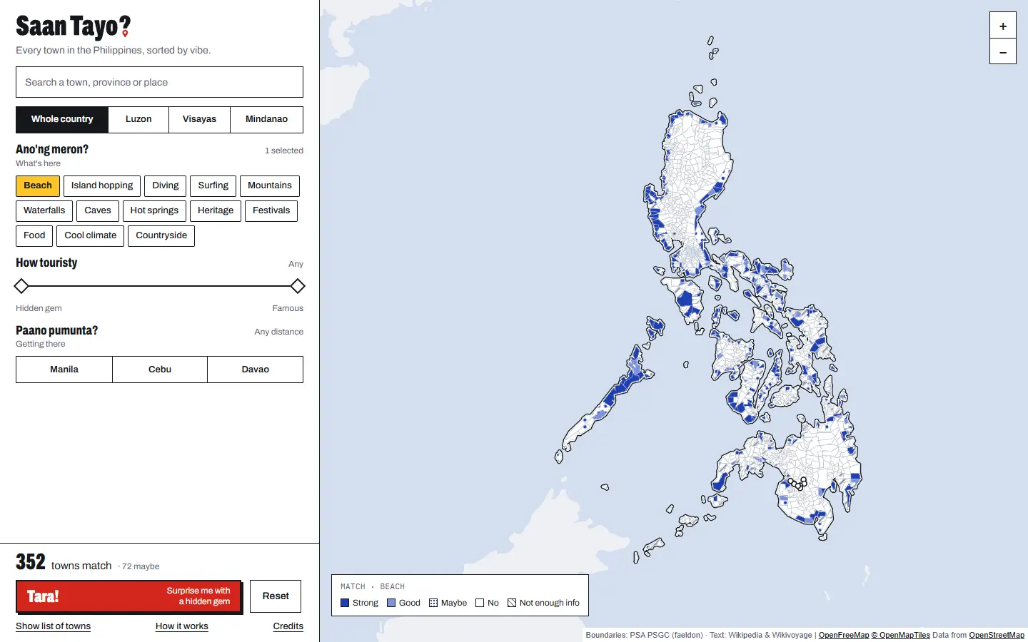 The map with Beach selected: matching towns filled in cobalt across the country, with the legend and a count of 352 towns
