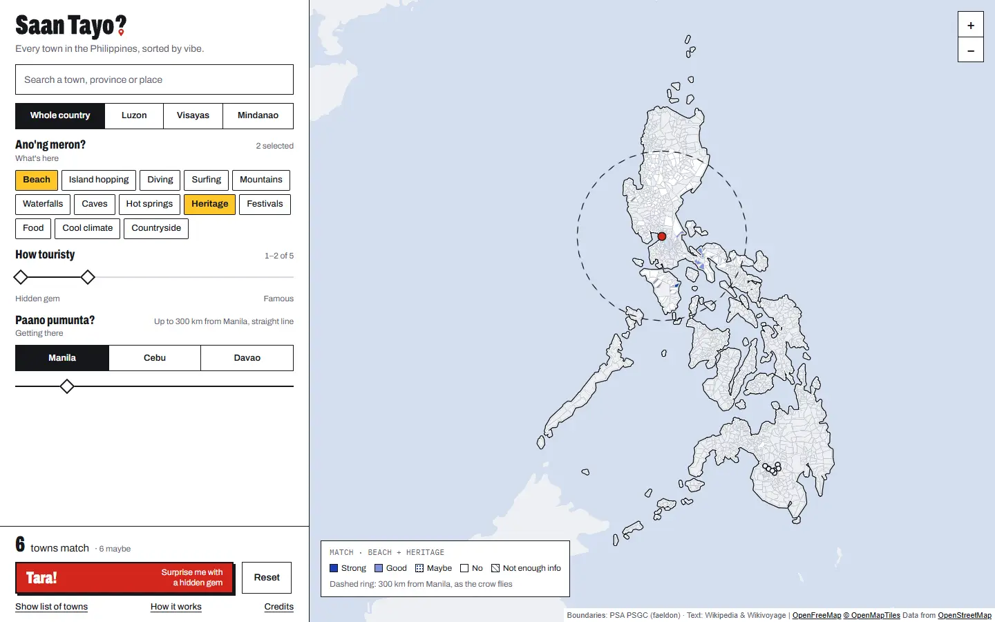 Beach and Heritage, hidden gems only, within 300 km of Manila: a dashed ring around a red origin pin