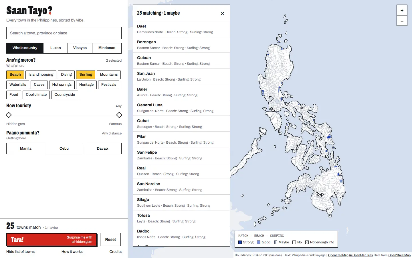 The text list of 25 towns matching Beach and Surfing, open beside the map