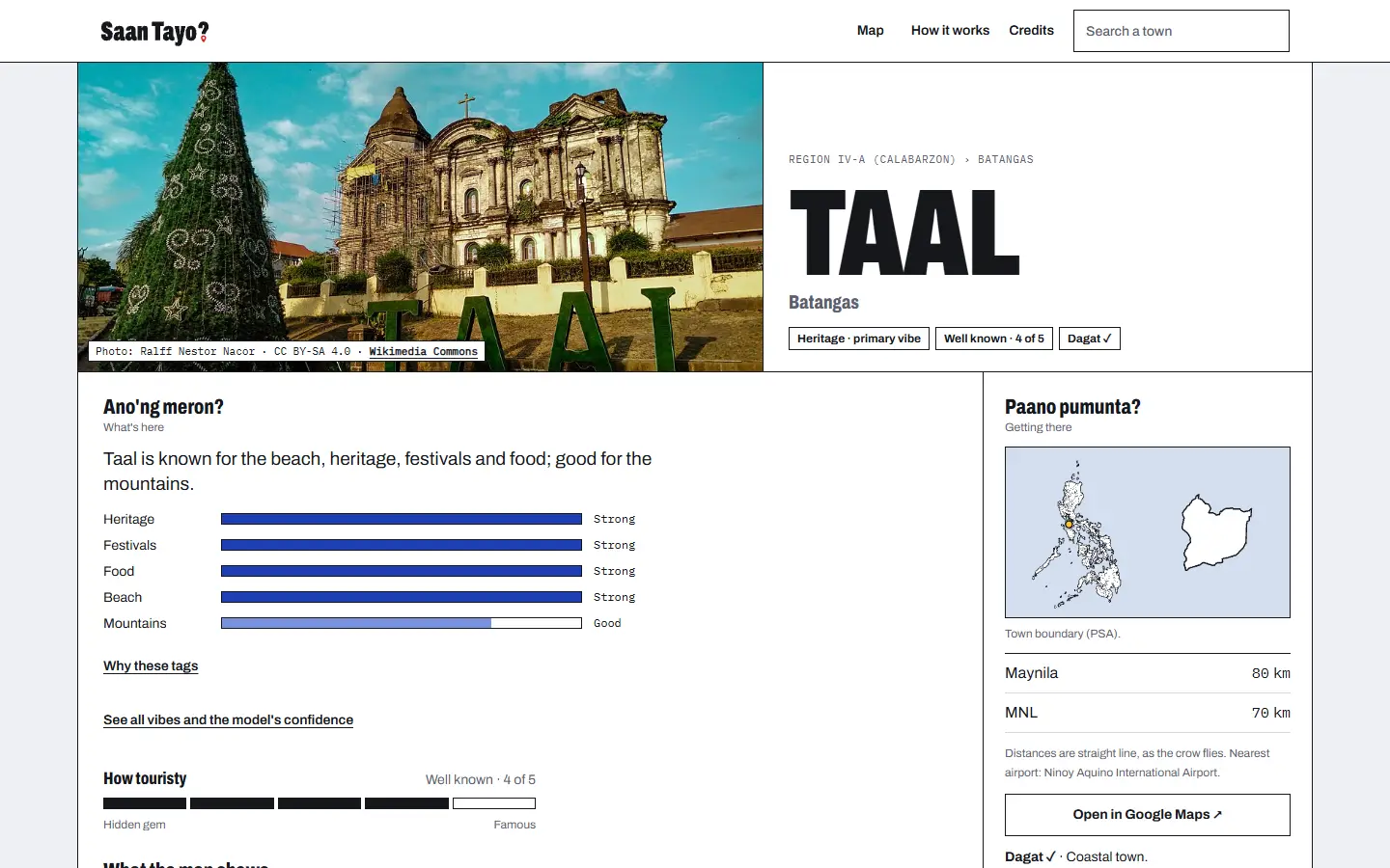 Taal's town page: photo, name, a bar for each vibe, a locator map and distances. Photo: Ralff Nestor Nacor, CC BY-SA 4.0