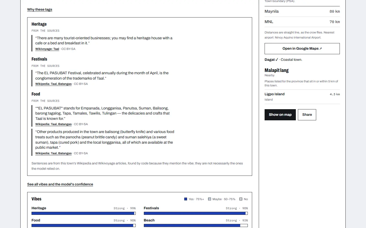 “Why these tags” on Taal's page: sentences quoted from Wikipedia and Wikivoyage for Heritage, Festivals and Food