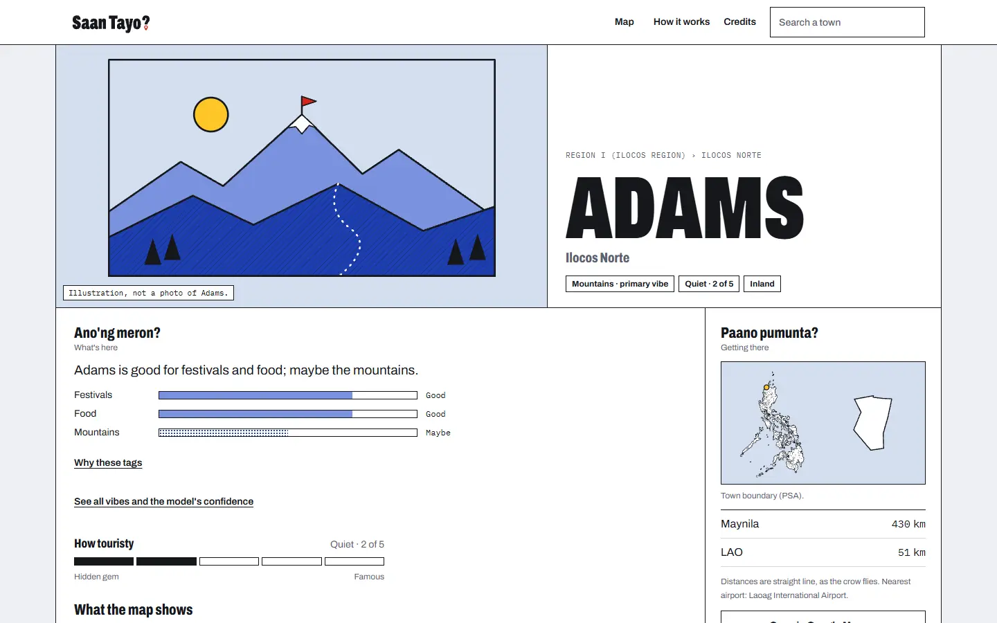 Adams's town page: a mountain illustration labelled “Illustration, not a photo of Adams”
