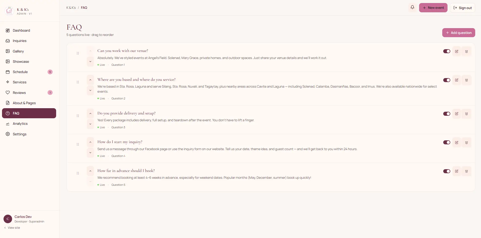 FAQ editor with drag-to-reorder questions and publish toggles