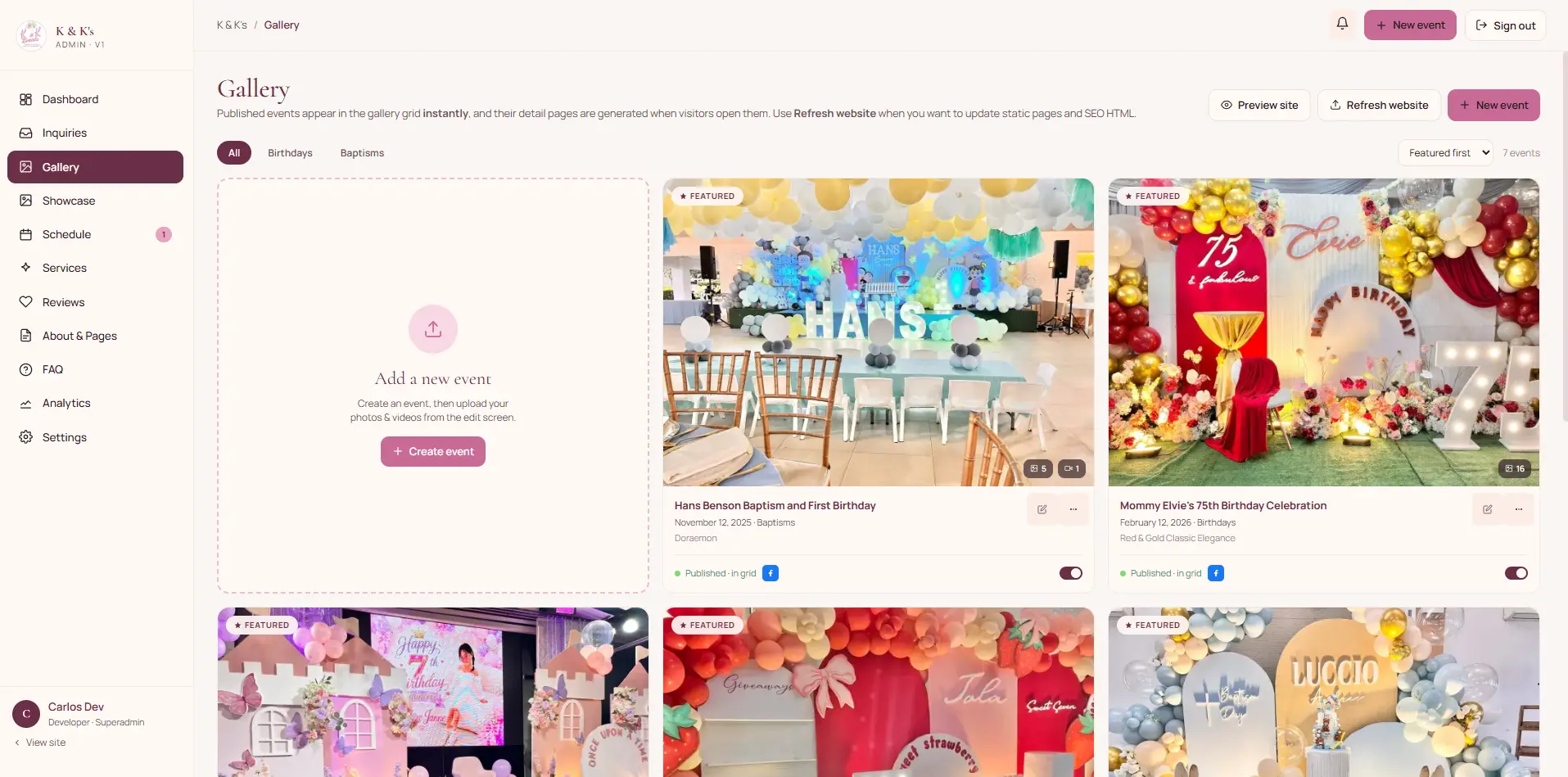 Gallery editor listing published events with thumbnails and status