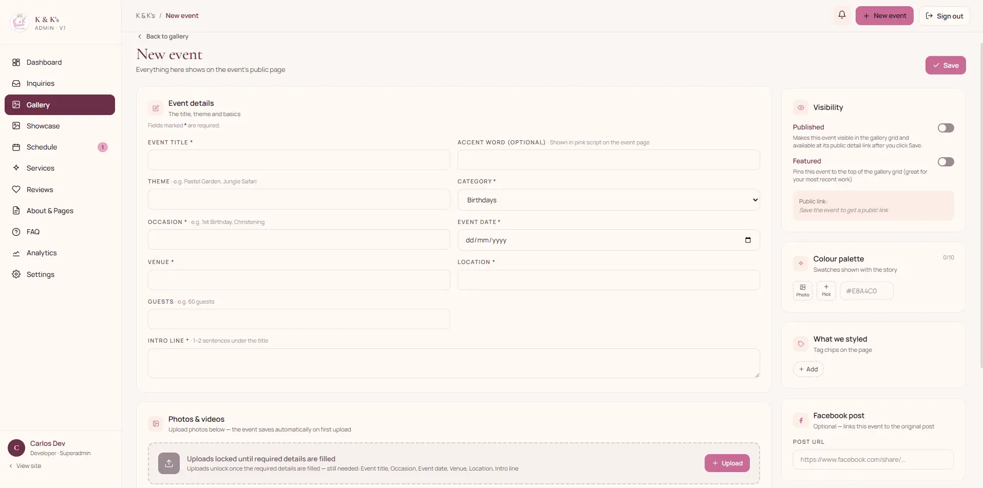 Event detail form with title, theme, occasion, venue, guest count, and write-up fields