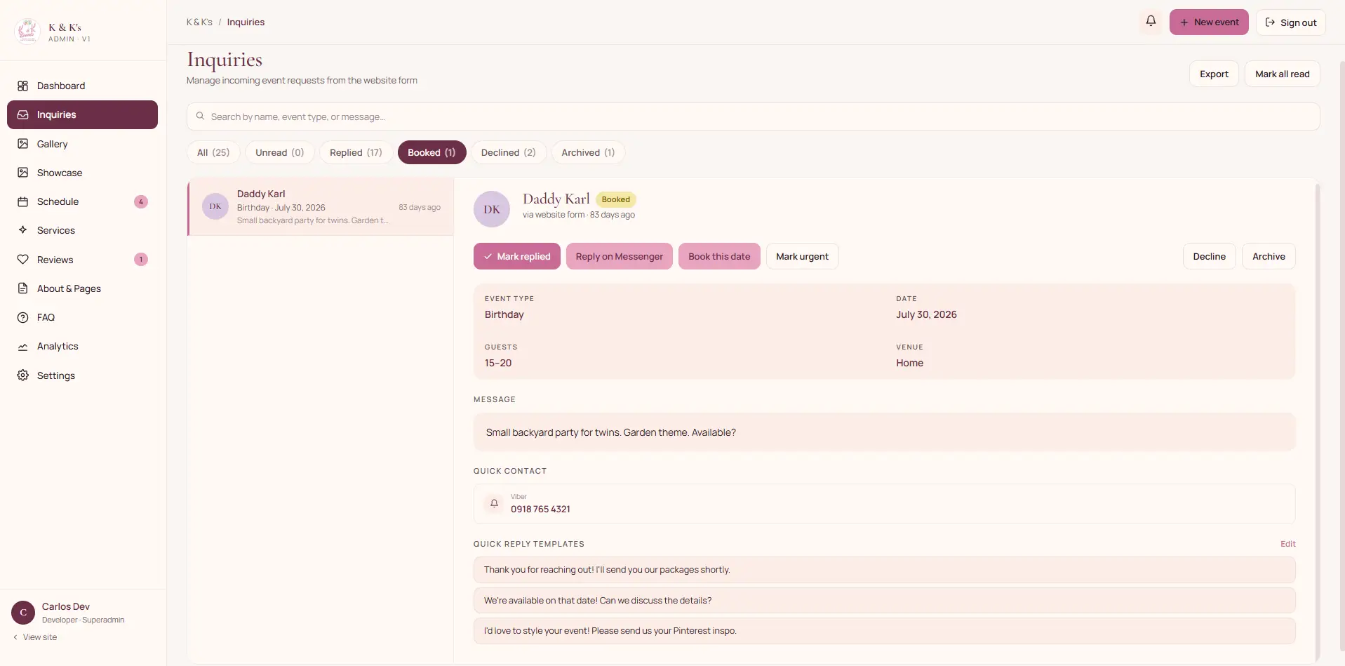 Inquiry detail with the lead's message, status pipeline, and reply templates