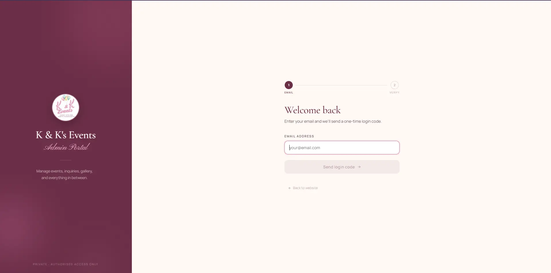Admin login screen asking only for an email address to send a sign-in code to