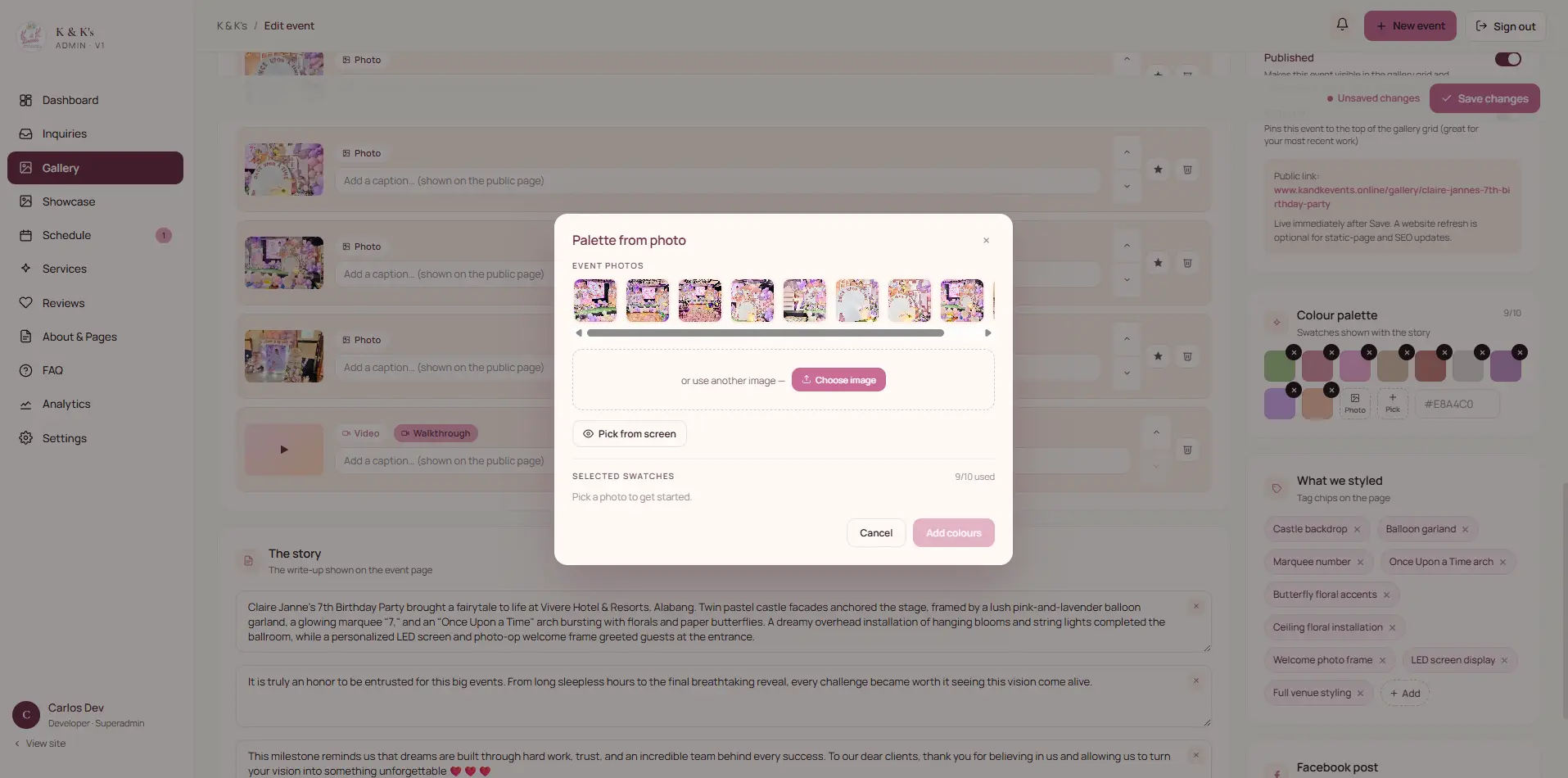 Palette Studio extracting dominant colours from an uploaded event photo