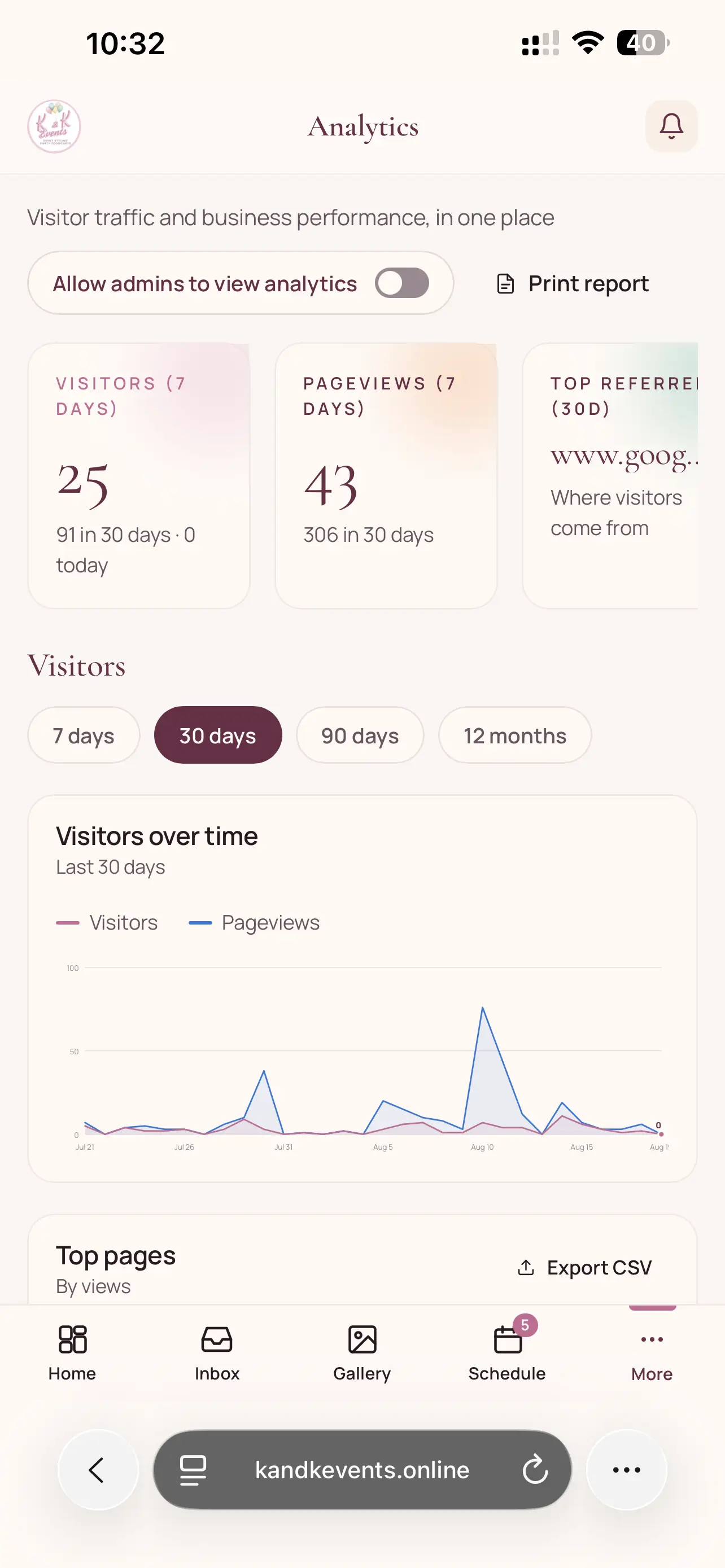 The analytics dashboard running in a mobile browser