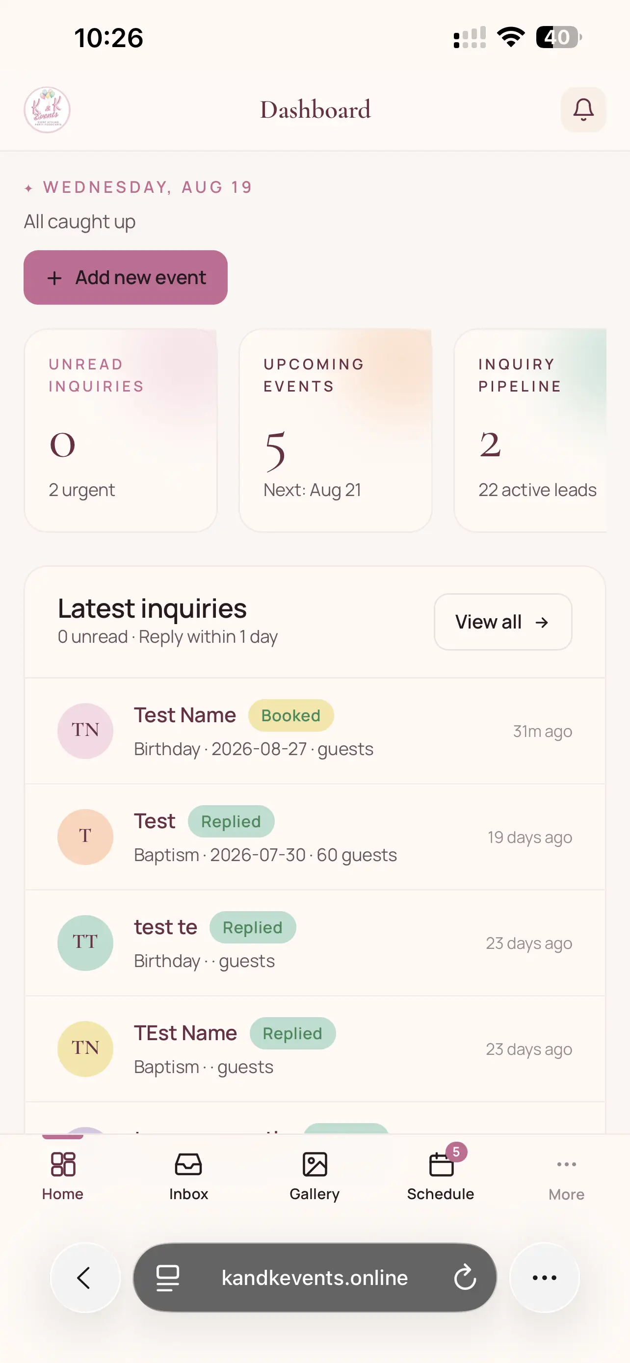 The admin dashboard in a mobile browser, iOS status bar and Safari address bar visible