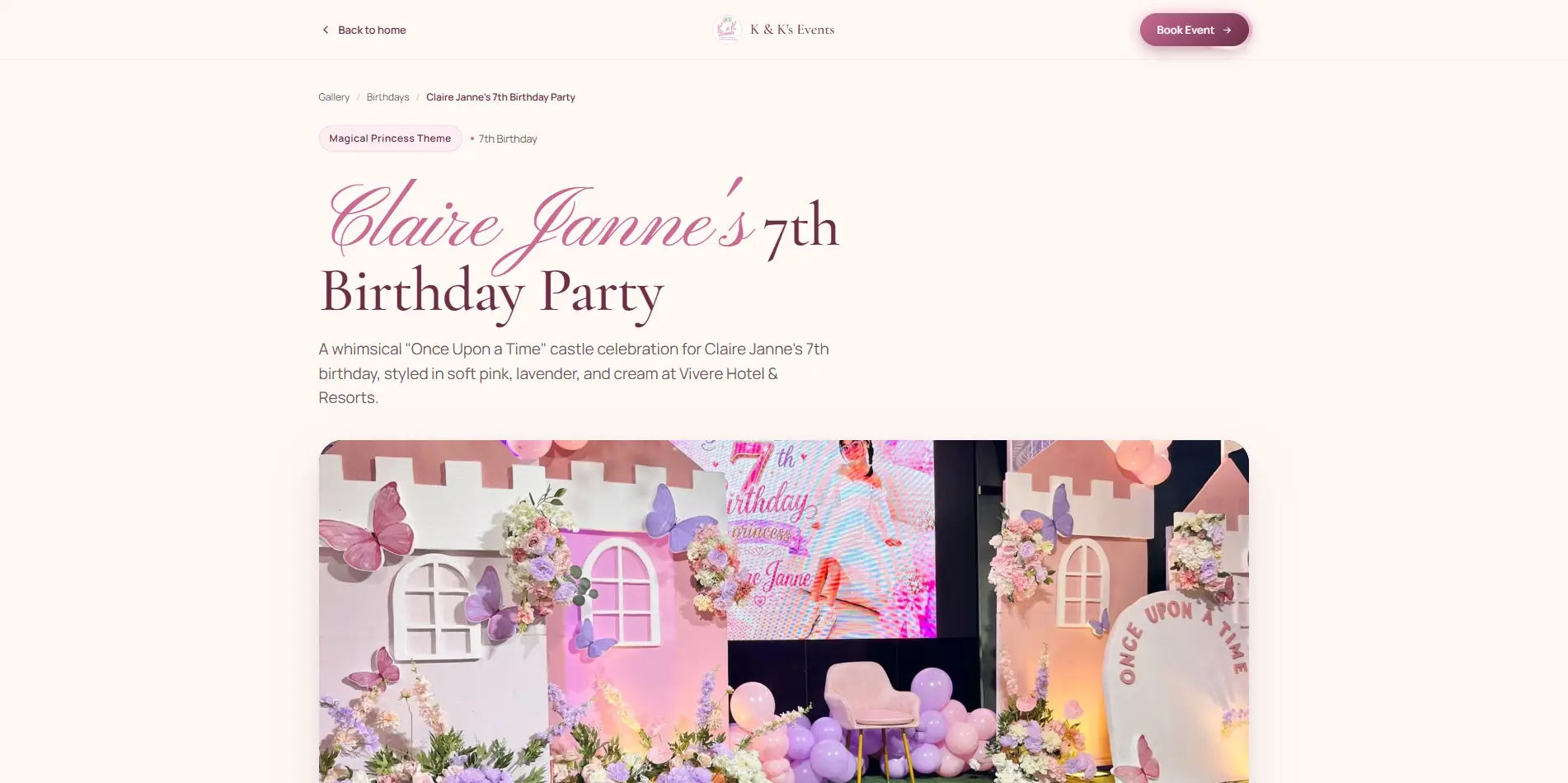 Event page hero with script title, breadcrumb, and theme chip