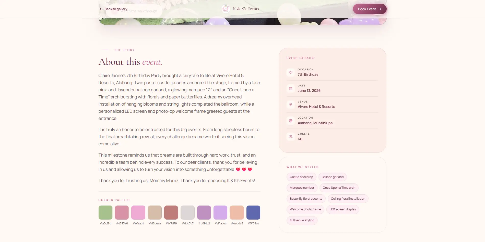 Event story write-up beside the colour palette with hex codes and event details