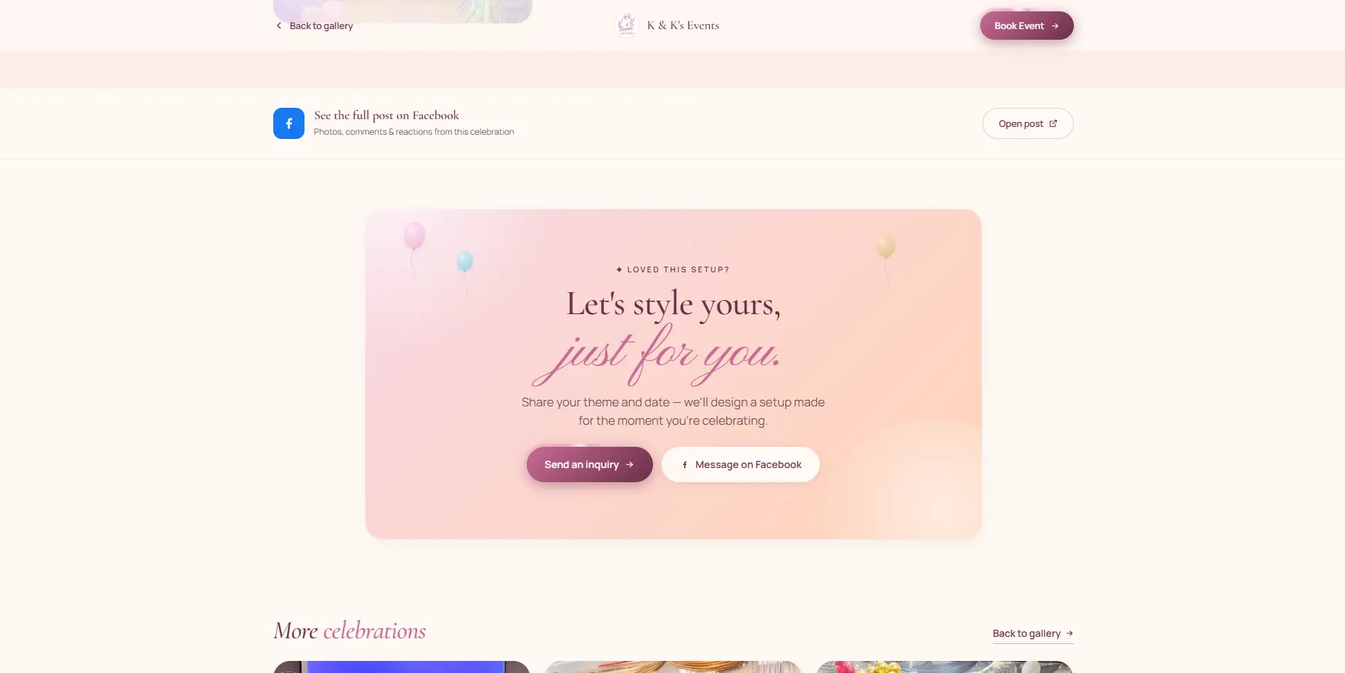 Facebook post strip, contact call-to-action card, and More celebrations links