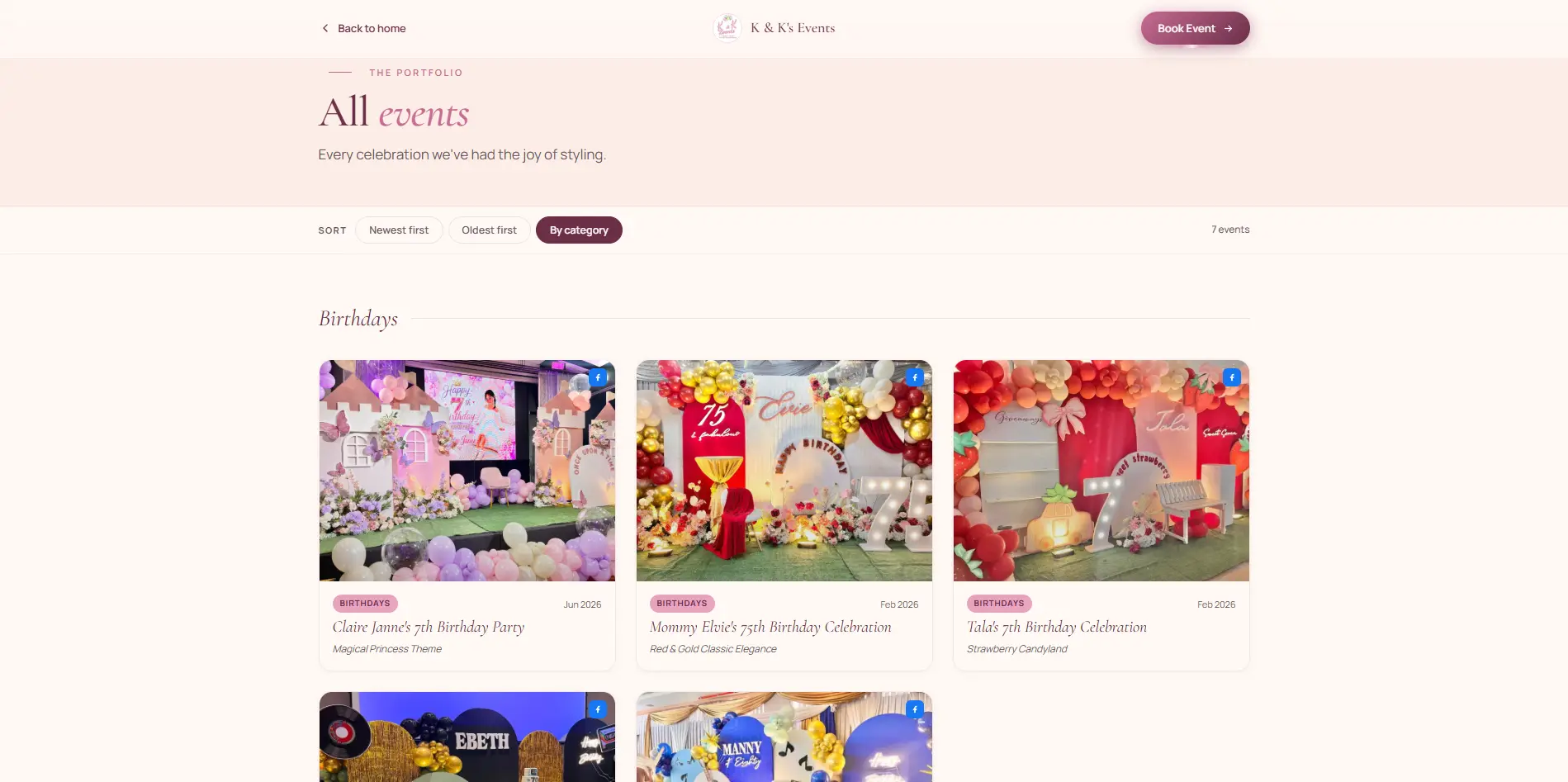 Public gallery index with events grouped by category