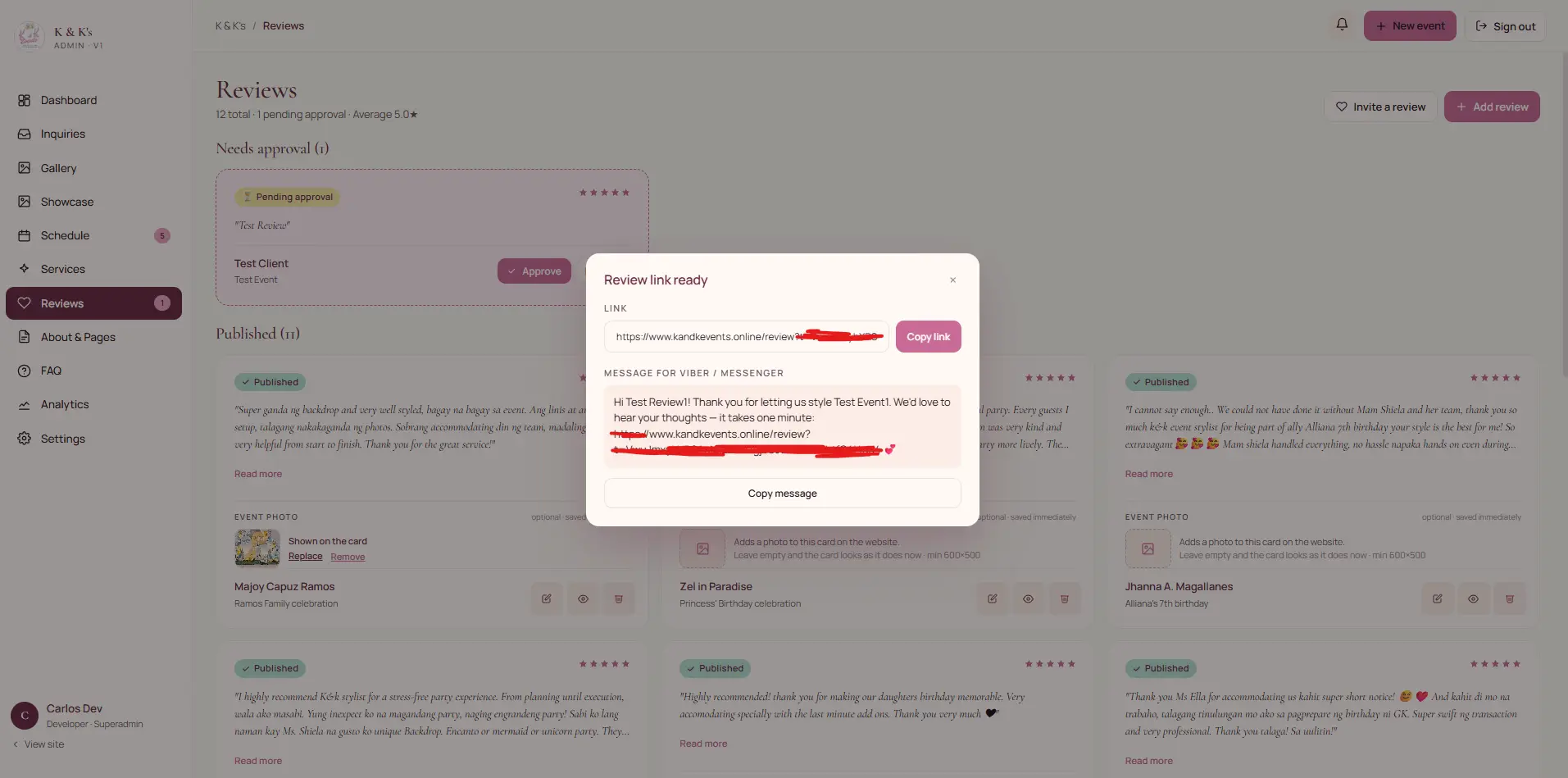 Generated one-time review invite link with a prefilled Viber message ready to paste