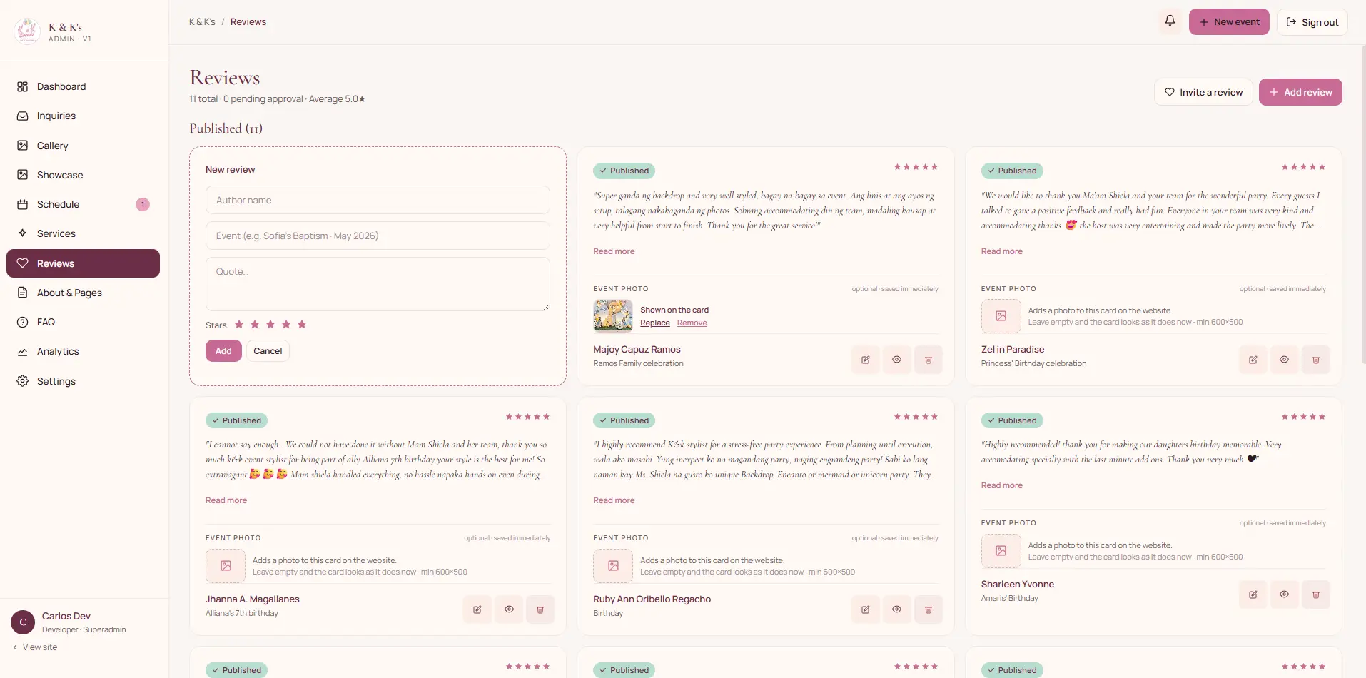 Review moderation queue with approve, hide, and edit controls on each testimonial