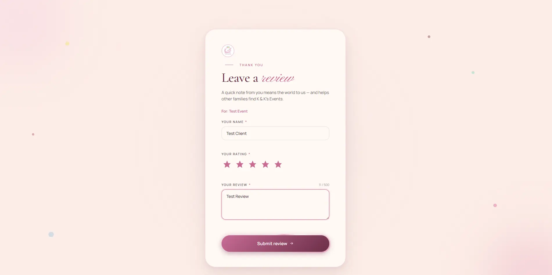The client-facing review form where a rating and quote are submitted