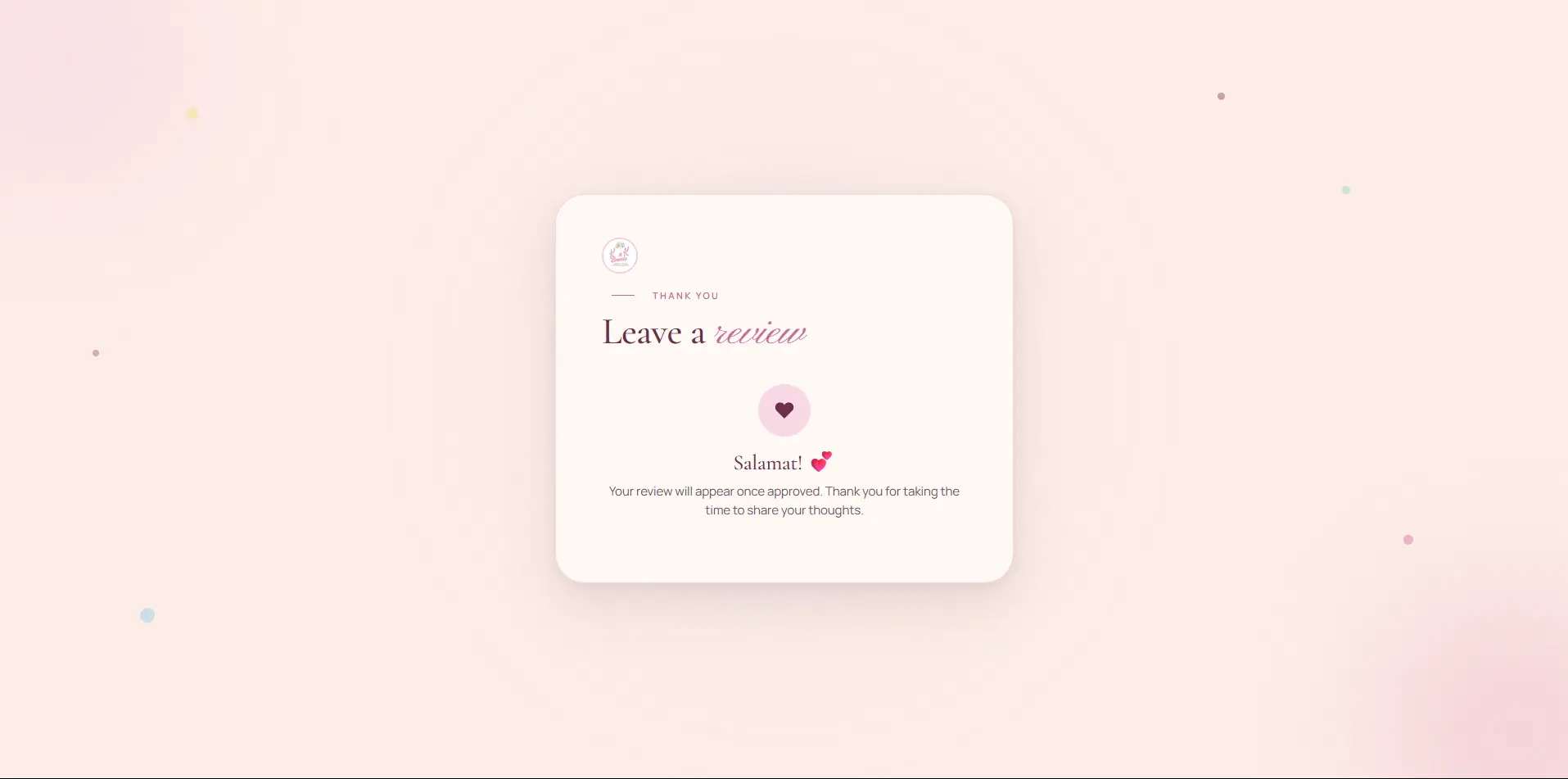 The reviewer's confirmation screen after submitting, saying the review will appear once approved