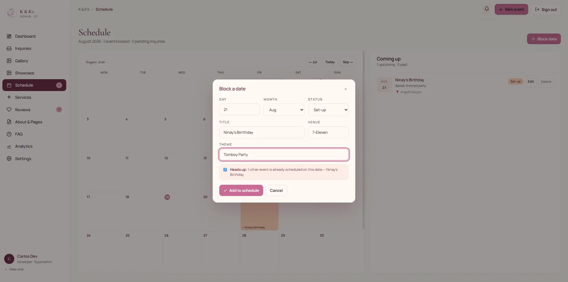 Schedule list view of confirmed bookings with their statuses