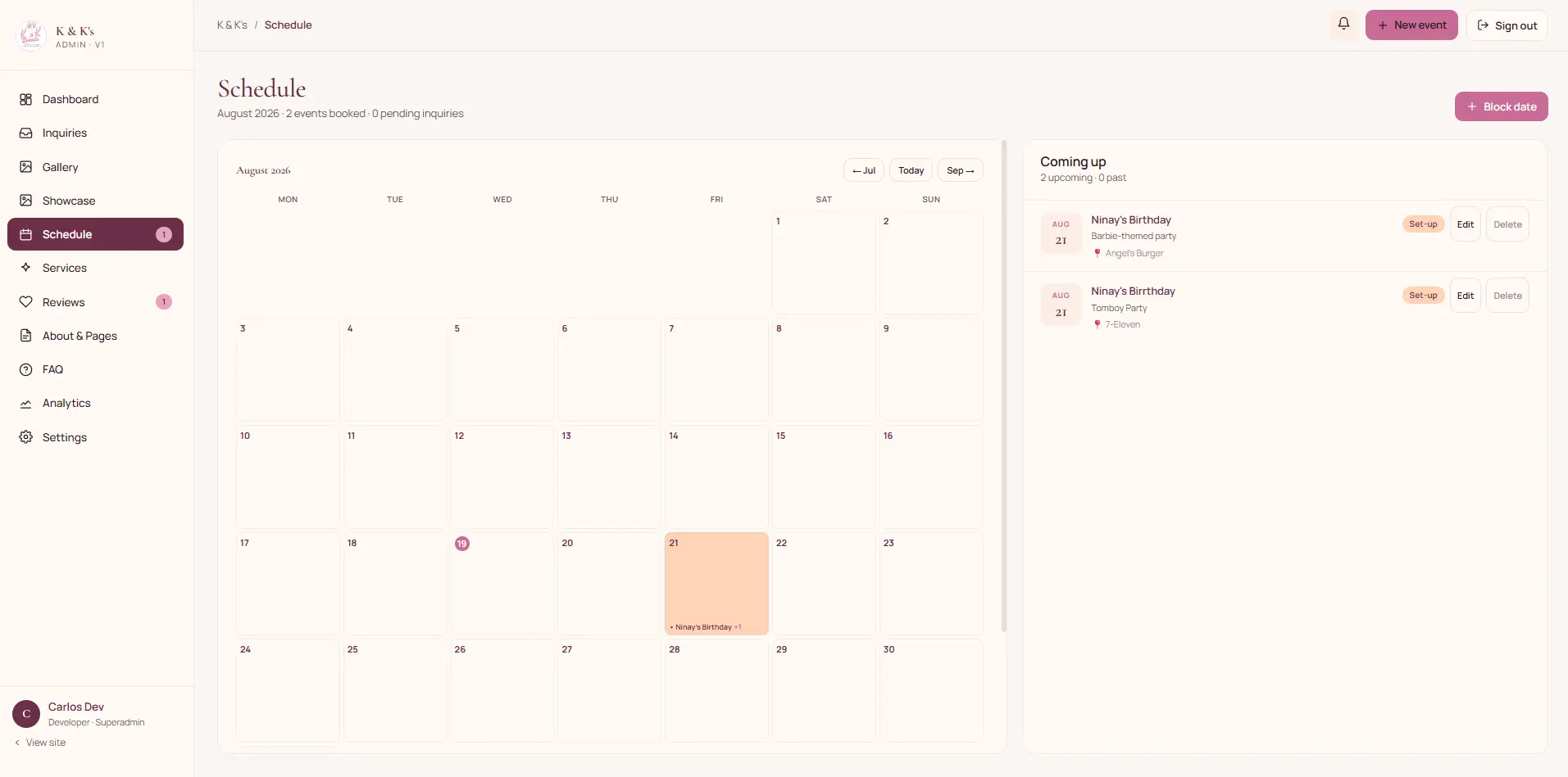 Booking calendar with events colour-coded by status across the month