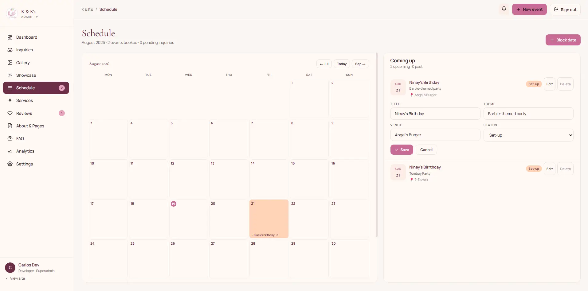 Double-booking warning shown when adding an event to a date that already has one