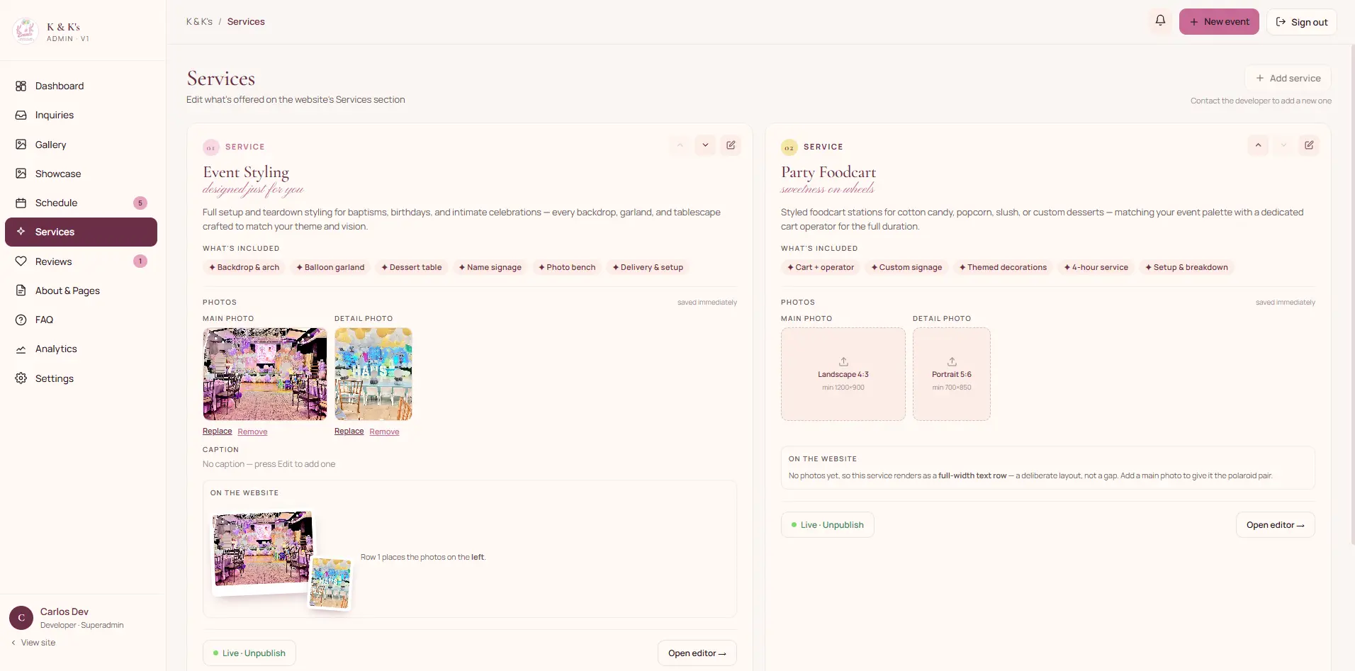Services editor listing each package with its copy and photos
