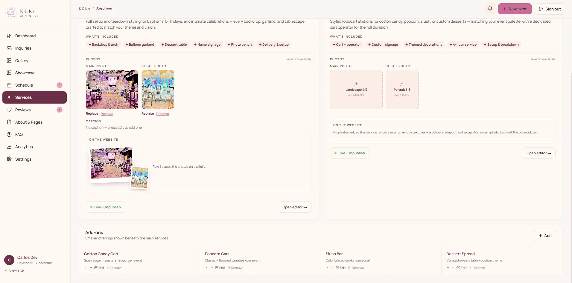 Editing what's included and the add-ons for a single service