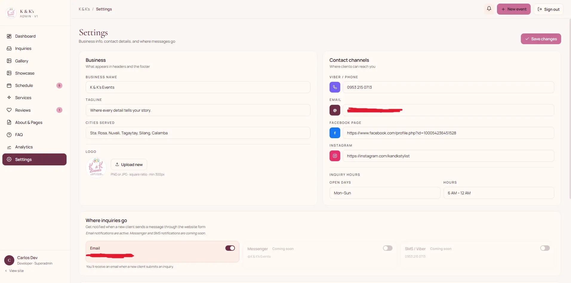 Settings screen for business name, tagline, cities served, logo, and contact channels