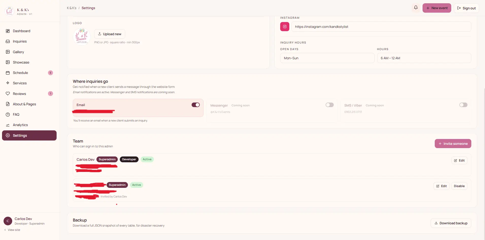 Settings for notifications, team members and roles, and database backup