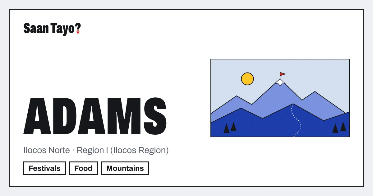 Link-preview image for Adams: the town name, its province and its vibes beside a mountain illustration