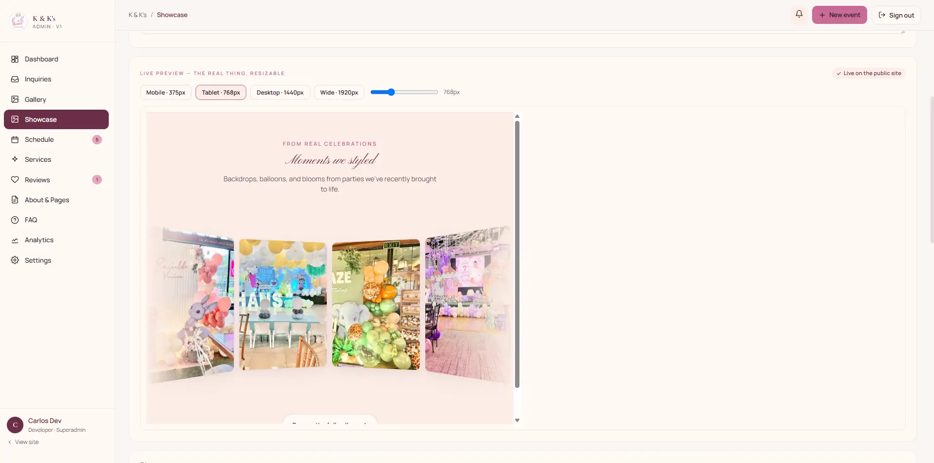 Live resizable preview of the showcase component at a narrower breakpoint