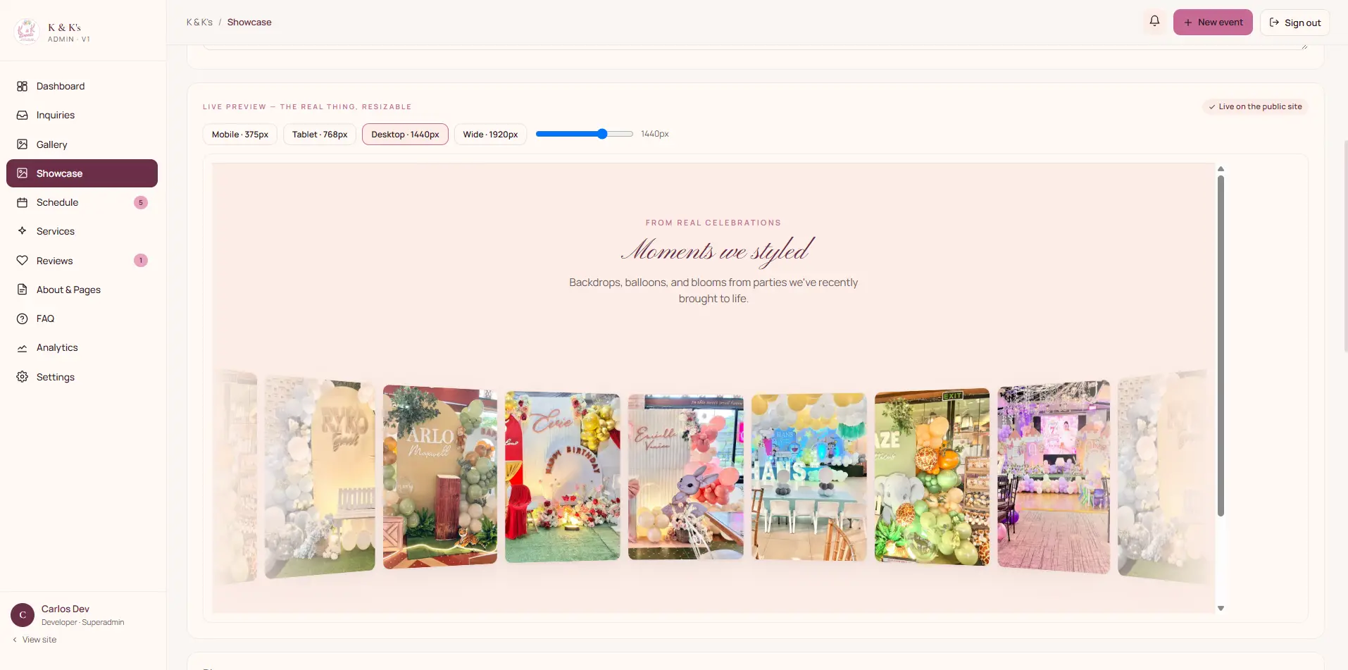 The same showcase preview at desktop and wide breakpoints